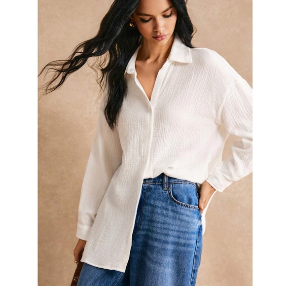 Cotton White Casual Shirt Button Down Up Long Sleeve - Picture 2 of 13